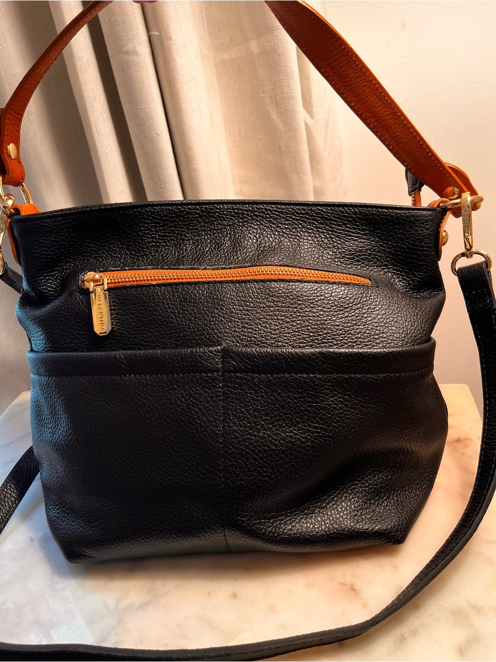 Valentina Black Shoulder Bag with Brown Strap and Gold Hardware